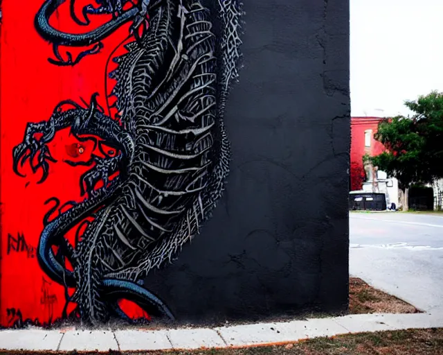 Prompt: a wall that has some lovecraftian graffiti on it inspired by wretched dragon rib cage. red and black colors.