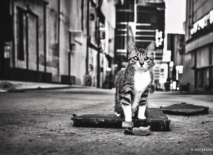 Prompt: photography of a Cat sitting on a box. in a cyberpunk street, award winning photo, 100mm, sharp, high res