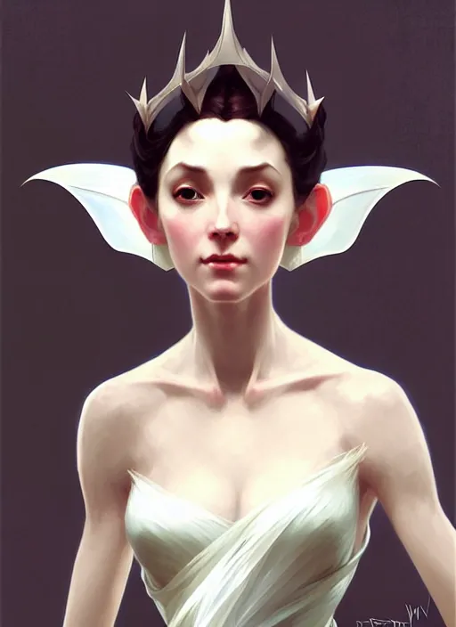 Image similar to character concept portrait of a fairy with pointy ears and an elegant gown, pale face, intricate, elegant, digital painting, concept art, smooth, sharp focus, illustration, from Metal Gear, by Ruan Jia and Mandy Jurgens and William-Adolphe Bouguereau, Artgerm