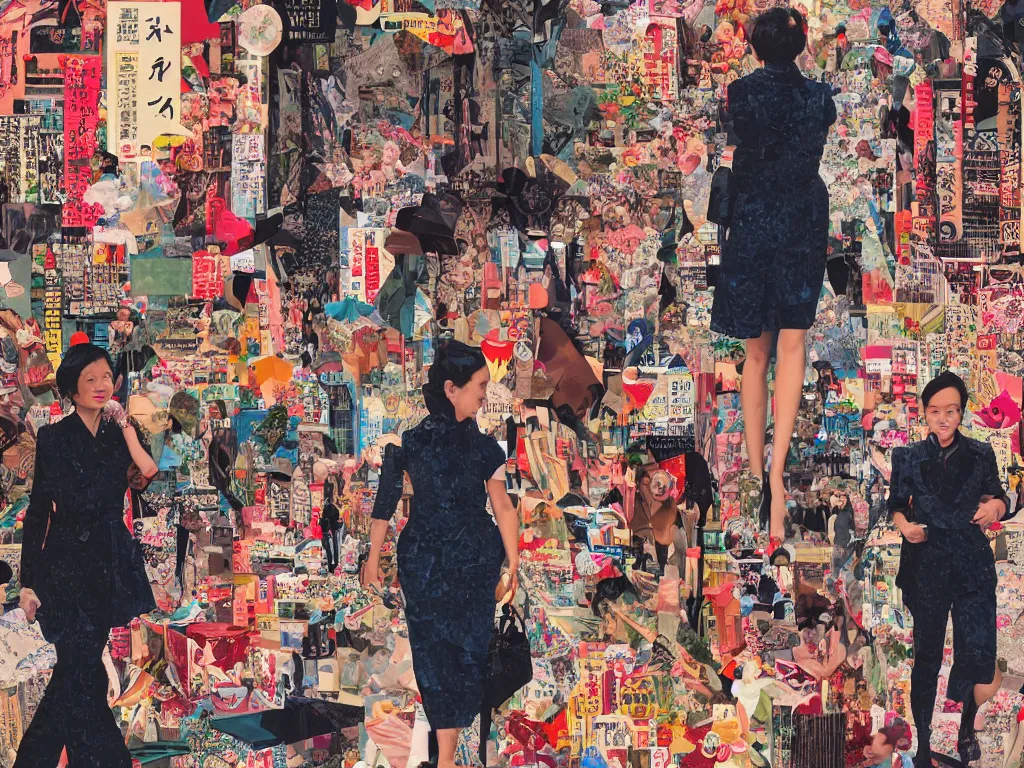 Image similar to maximalist paper collage art of a woman walking through a tokyo shopping district at sunset