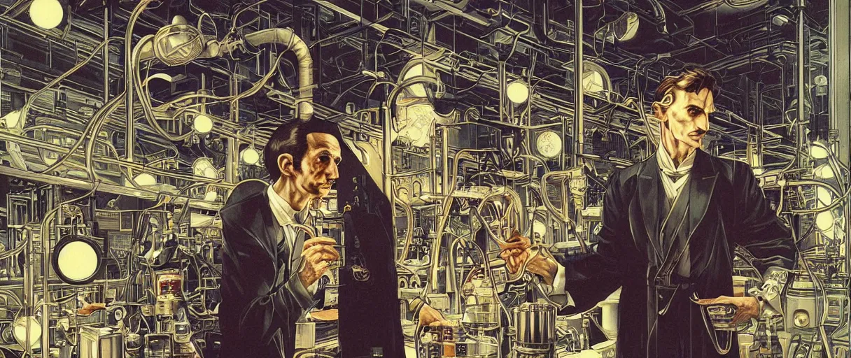 Prompt: portrait of nikola tesla in laboratory, symmetrical, by yoichi hatakenaka, masamune shirow, josan gonzales and dan mumford, ayami kojima, takato yamamoto, barclay shaw, karol bak, yukito kishiro