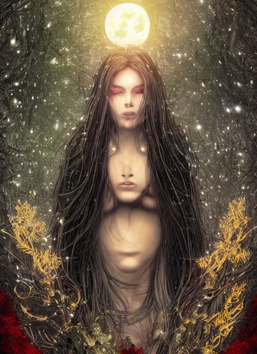 Image similar to glowing silver and golden elements, portrait, A beautiful dark witch in front of the full big moon, book cover, green forest, red white black colors, establishing shot, extremly high detail, foto realistic, cinematic lighting, pen and ink, intricate line drawings, by Yoshitaka Amano, Ruan Jia, Kentaro Miura, Artgerm, post processed, concept art, artstation, matte painting, style by eddie, raphael lacoste, alex ross