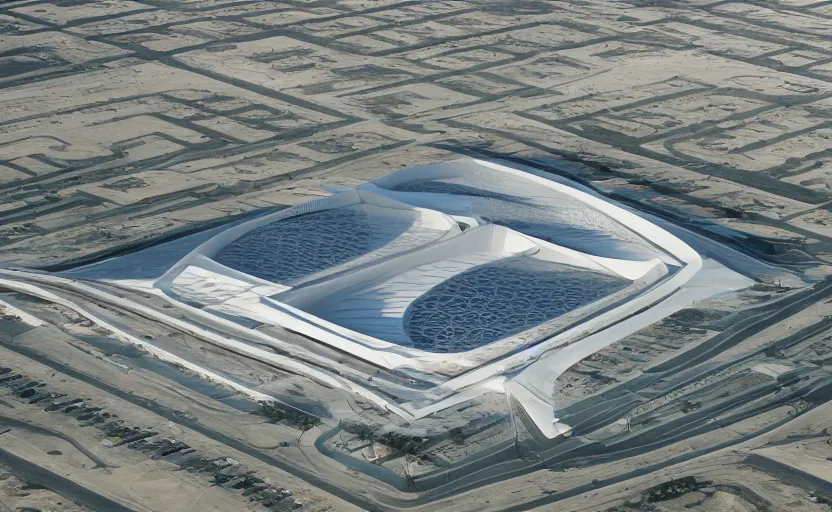 Prompt: parametric structure, medical complex, in the desert beside the gulf, view from above, design by mad architect, dezeen, architectural photography