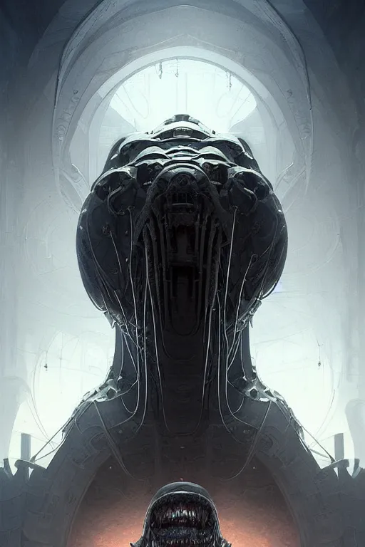 Image similar to professional concept art of a symmetrical! ominous floating!!! mechanical steel terrifying!! giant monster thing in a dark room by artgerm and greg rutkowski. an intricate, space, elegant, highly detailed digital painting, concept art, smooth, sharp centred focus, illustration, cubism, in the style of cam sykes, wayne barlowe, igor kieryluk.