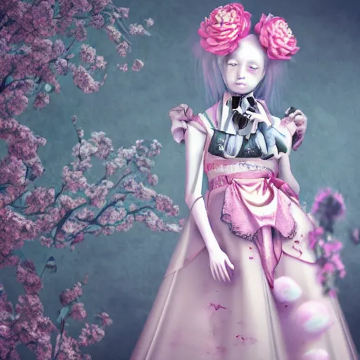 Image similar to 8 k, octane render, realism, tonalism, renaissance, rococo, baroque, cotton candy, portrait of a creepy young lady wearing long - harajuku manga - dress with flowers and skulls