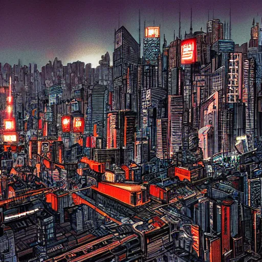 Prompt: akira cityscape at night