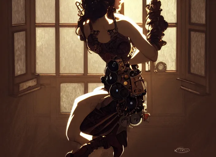 Image similar to woman model, steampunk!!! and modern, neutral colors, in a bathroom, backlit, elegant, highly detailed, digital painting, artstation, concept art, smooth, sharp focus, illustration, art by krenz cushart and artem demura and alphonse mucha