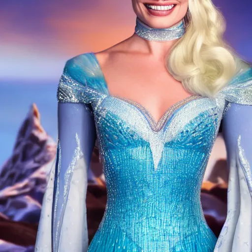 Image similar to Margot Robbie as Elsa in disney frozen live action, 8k full HD photo, cinematic lighting, anatomically correct, oscar award winning, action filled, correct eye placement,