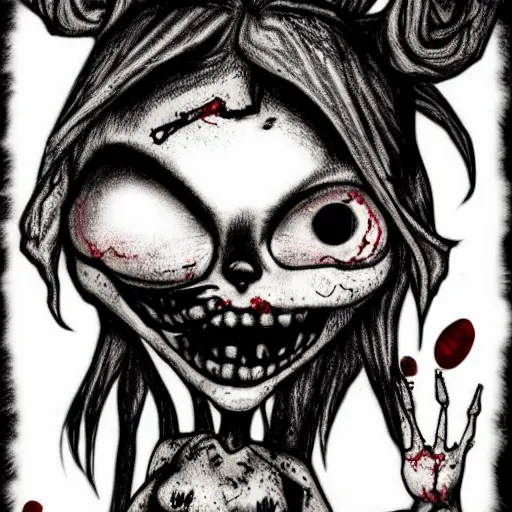 Prompt: grunge drawing of a cartoon disfigured dog with blood coming out of big eyes and a wide smile by mrrevenge, corpse bride style, horror themed, detailed, elegant, intricate