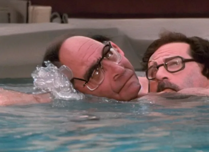 Prompt: film still of george costanza being rescued by a lifeguard in the new seinfeld episode, 4 k