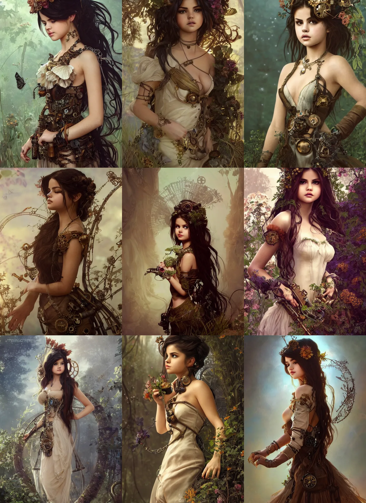 Prompt: beautiful steampunk nature nymph selena gomez in a simple dress, herbacious and steampunk decoration, flowy hair, intricate details, portrait full body, cinematic lighting, photorealistic, fashion, octane render, 8 k, art by greg rutkowski and artgerm and alphonse mucha and huang guangjian and taras susak, artstation
