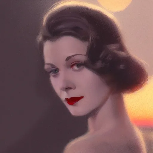 Image similar to a closeup portrait of a young vivian leigh, 1 9 2 0 s, femme fatale, gorgeous view, sunset, film noir, serene, high detail, depth, masterpiece by greg rutkowski, digital art, trending on artstation