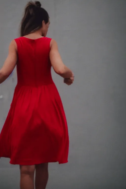 Image similar to woman in a red sleeveless dress, out of focus