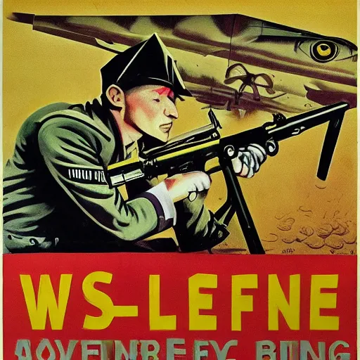 Prompt: a sleeping soldier is stung by a bumblebee, ww 2 allied propaganda poster, no text, highly detailed, vaporwave aesthetic