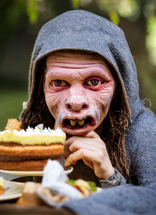 Image similar to closeup portrait of a medieval goblin eating cakes in the cloisters, depth of field, zeiss lens, detailed, symmetrical, centered, fashion photoshoot, by Annie Leibovitz and Steve McCurry, David Lazar, Jimmy Nelsson, Breathtaking, 8k resolution, extremely detailed, beautiful, establishing shot, artistic, hyperrealistic, beautiful face, octane render