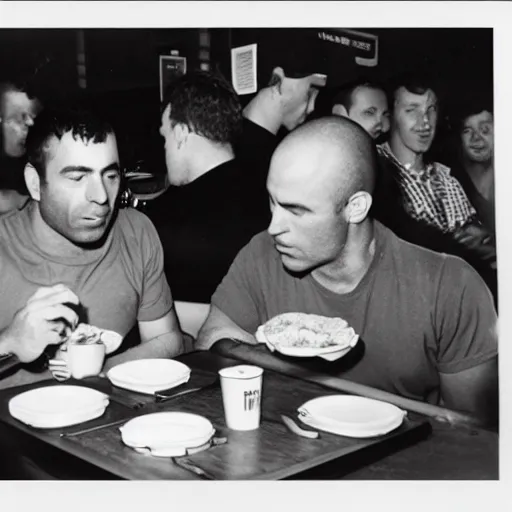 Image similar to joe rogan eating at a macdonalds restaurant, black and white photo by dianne arbus