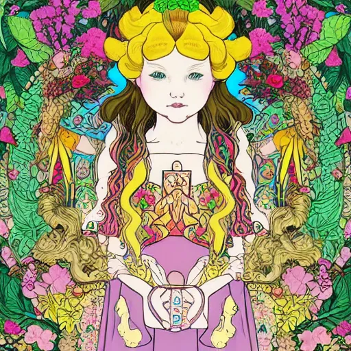 Image similar to a young NeoPagan Goddess of Spring, inside her temple, in a blended style by Junko Mizuno, Henry Darger, and Peter Chung, hyper detailed, photorealistic digital art, flat colors, extremely fine inking lines