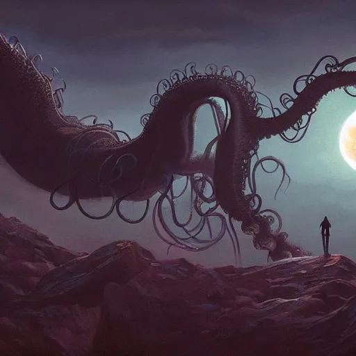 Image similar to a digital painting of cthulu standing in the distance, silhuette, huge creature, face with tentacles, back lighting, dramatic scene, detailed, night time, full moon, in the style of greg rutkowski