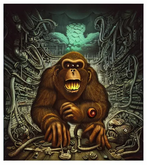 Prompt: lovecraftian donkey kong by wayne barlow, stanley donwood, anton semenov, zdzislaw bekinski, hr giger, 8 k, fantasy, dark, highly detailed