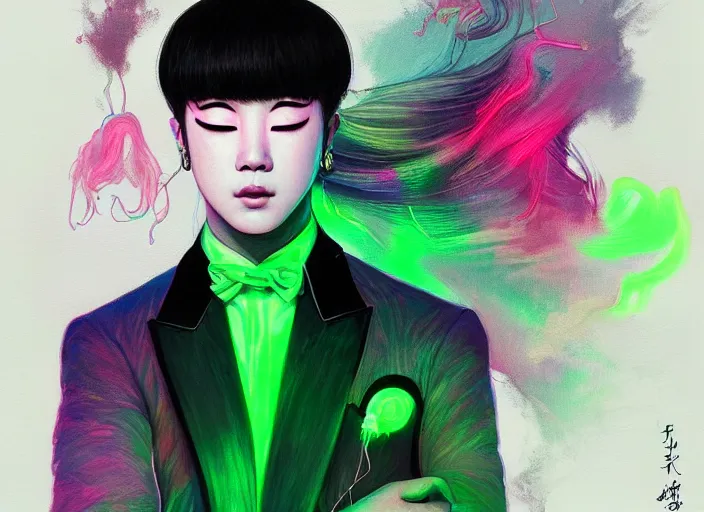 Prompt: harmony of, mute, jimin dancing wearing a blind fold, neon green tears ( portrait of bts jimin blood sweat & tears wearing super extra fancy grey suit & earrings ) by wlop, james jean, victo ngai, beautifully lit, muted colors, highly detailed, fantasy art by craig mullins, thomas kinkade