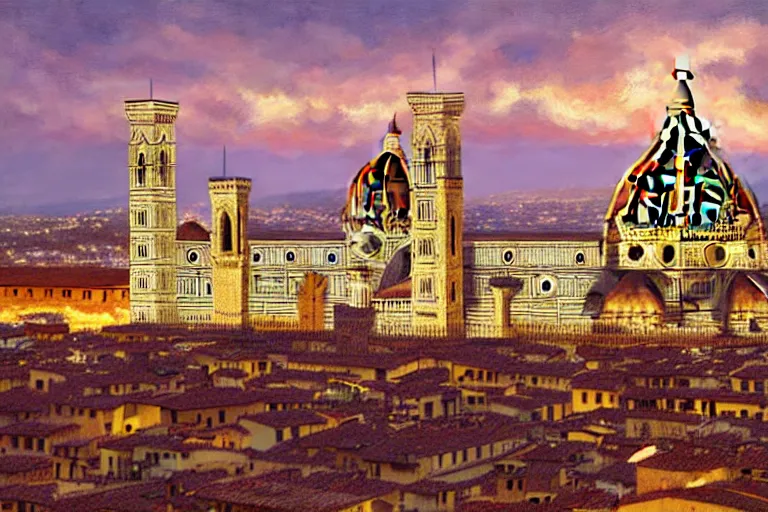 Image similar to florence santa maria del fiore at sunset by artgerm, greg rutkowski, trending on artsation, iamag digital painting, highly detailed, overdetailed, colorful