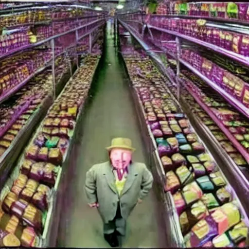 Image similar to grainy security cam footage still of Willy Wonka in his Chocolate Factory, extreme wide angle