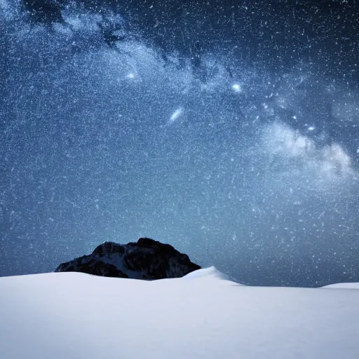 Image similar to calming relaxing snowy mountain silhouetted against a dark starry night sky from a distance