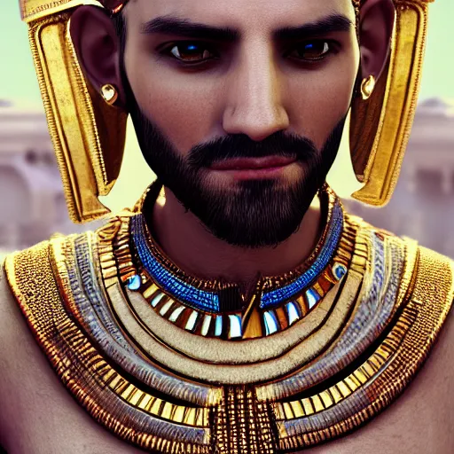 Image similar to a man in egyptian clothing wearing rings and jewlery on his neck, 8k resolution, serene, photorealistic, digital art, hyperdetailed, Unreal Engine, dynamic lighting, ultra detailed, trending on art station, concept art, stunning visuals, extreme detail