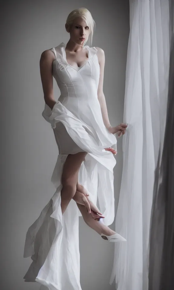 Prompt: photo of gorgeous seductive tall emily skinner cosplaying annie leonhart wearing elegant white dress, wearing open toe heels, in a white room, beautiful face, pale skin, rule of thirds, cinematic lighting, sharp focus, backlit, stunning, smooth, hard focus, full body shot, studio photo, shot on sony a 7 iii