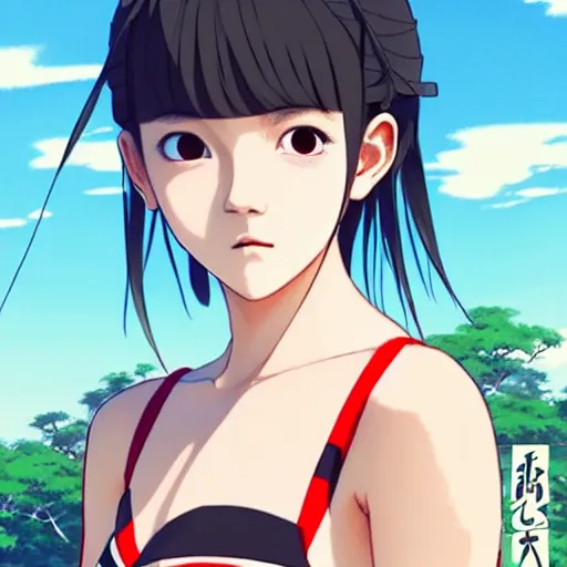 Image similar to a beautiful boyish japanese emma watson alluring instagram model, wearing elegant japanese hiphop leotard outfit with subtle mayan patterns and native fashion, aztec street fashion bathing suit, jrpg fashion, gapmoe yandere grimdark, trending on pixiv fanbox, painted by greg rutkowski makoto shinkai takashi takeuchi studio ghibli, akihiko yoshida