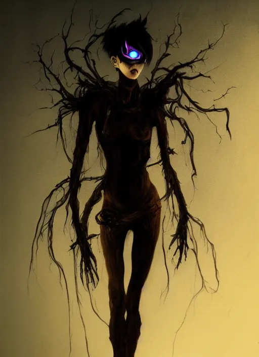 Image similar to dark portrait painting of tracer from overwatch, in style of zdzisław beksinski, scary, horror, 4 k, feminine facial features, overwatch tracer character, horror, body horror, disturbing, detailed face, dressed in dark garment, black tendrils, tall,