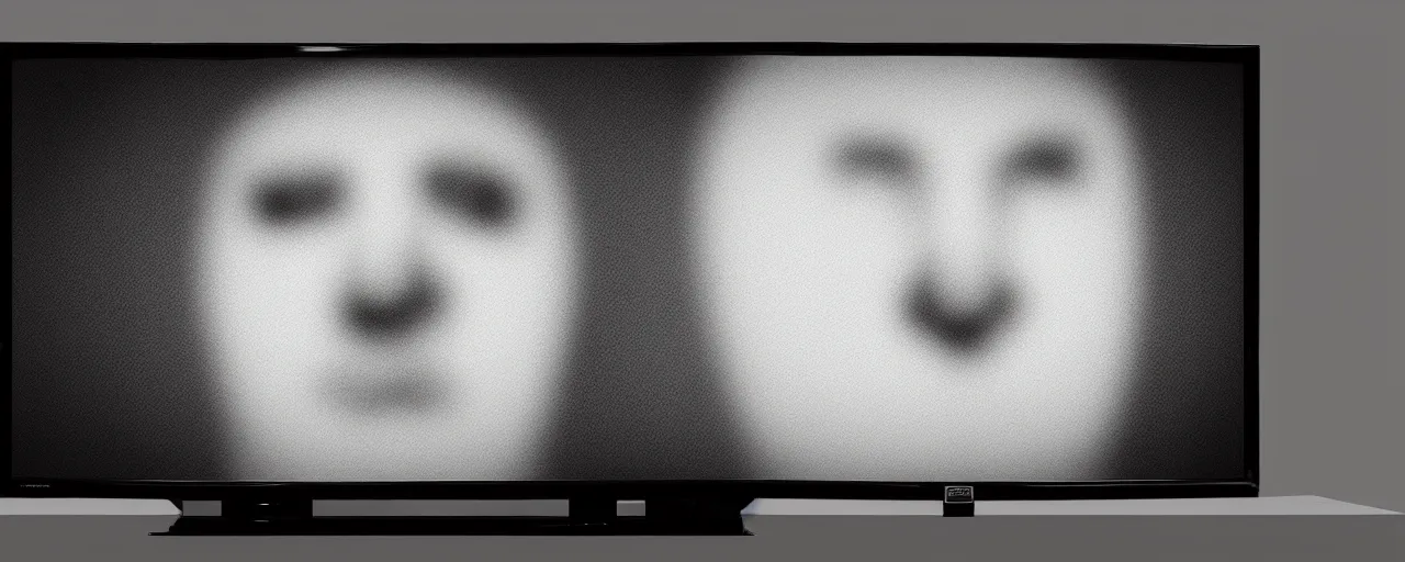 Prompt: a face emerging from TV set playing static noise