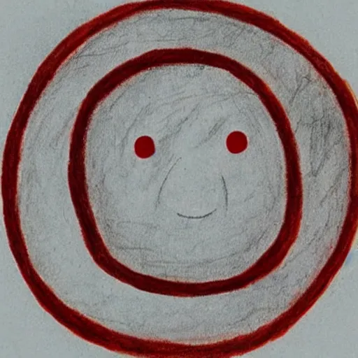 Image similar to primitive drawing of smiling circle face with thumb up hand and red eyes.