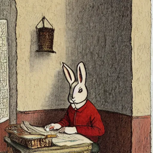 Image similar to a rabbit writing a letter inside a small room, in the style of carl larsson