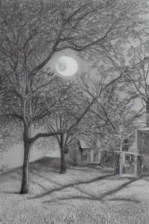 Prompt: night, the moon is shining, chamomile field, unfinished house, shadows from trees, hyper realism