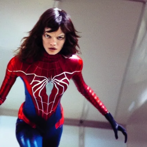 Image similar to Mila Jovovich as spiderwoman , film still, best scene,focus on character