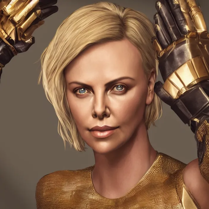 Prompt: portrait of Charlize Theron, wearing The Infinity Gauntlet. intricate artwork. octane render, trending on artstation, very coherent symmetrical artwork. cinematic, hyper realism, high detail, octane render, 8k, iridescent accents
