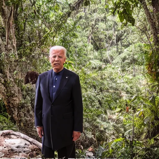 Image similar to 4 k portrait sony a 7 f 2. 8 wide angle of president joe biden as a taliban leader with a beard showering in a tropical jungle shower surrounded by secret agents