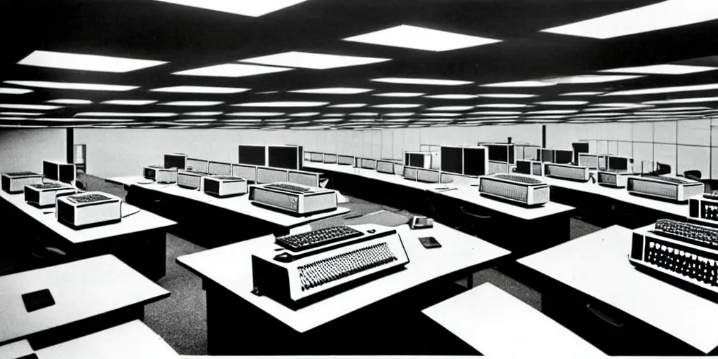 Image similar to a large 1970's computing room with 9-track machines and glowing screens. by IBM by Amdahl.