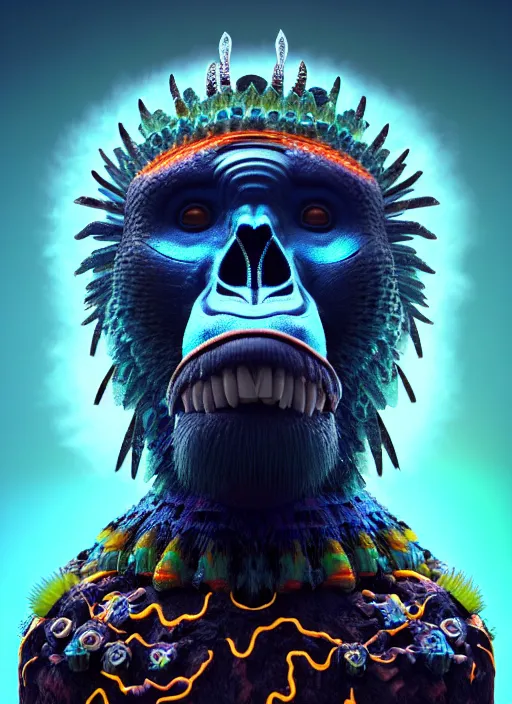 Image similar to 3 d ape shaman profile portrait, sigma 5 0 0 mm f / 5. beautiful intricate highly detailed quetzalcoatl skull and feathers. bioluminescent, plasma, lava, ice, water, wind, creature, thunderstorm! artwork by tooth wu and wlop and beeple and greg rutkowski, 8 k trending on artstation,