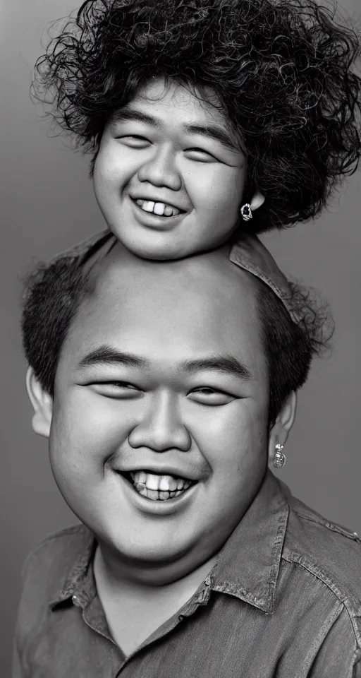 Image similar to photograph of one fat filipino teenage boy smiling with crooked teeth, with a curly perm, and with small studded earings, 4 k, photorealistic, high detail by richard avedon