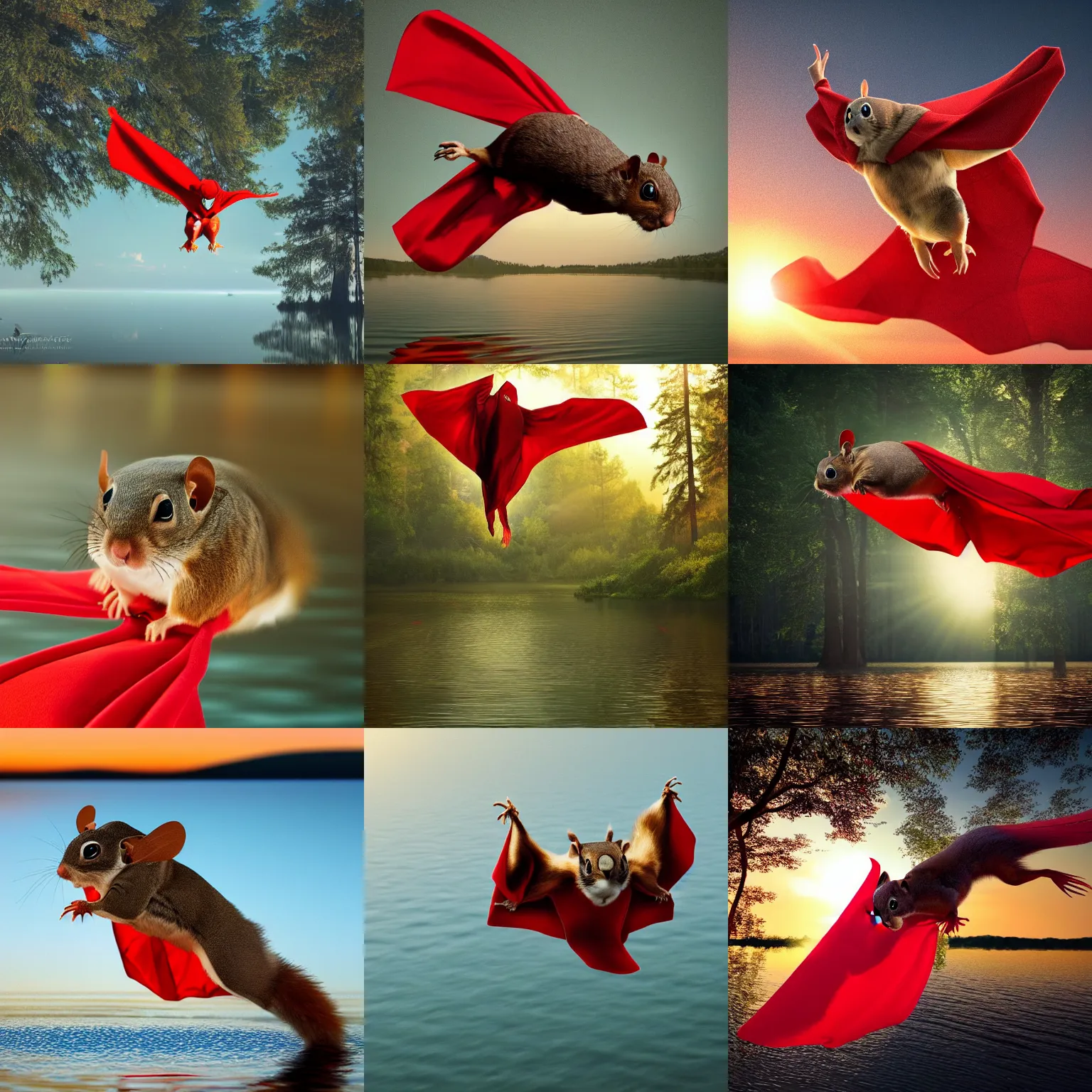 Prompt: a high quality photo of a flying squirrel, wearing red cloak gliding, soaring over a lake in forest, superman-like, golden hour, render, ultra photorealistic, epic lighting, cgsociety