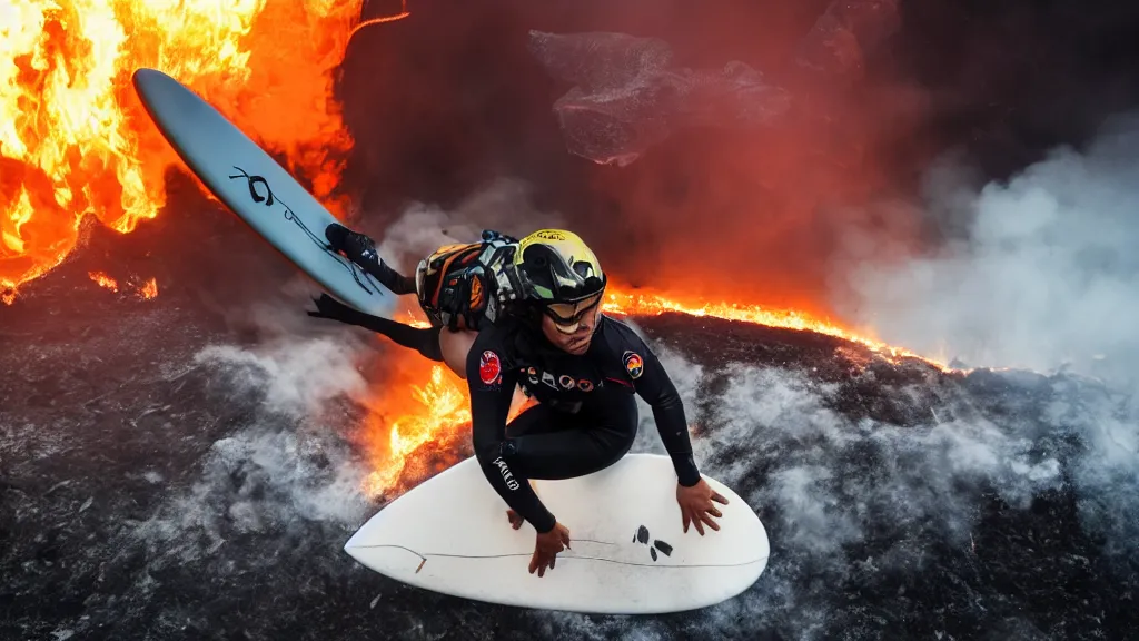 Image similar to person wearing a sponsored team jersey with logos jumping out of a helicopter with a surfboard into a volcano, action shot, dystopian, thick black smoke and fire, sharp focus