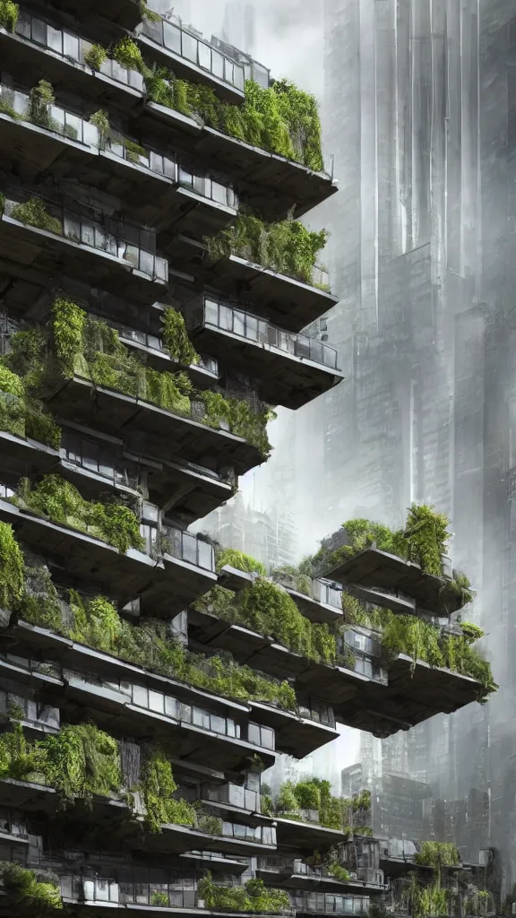 Prompt: photo in style of helen binet and piranesi. biopunk timber futuristic building in a urban setting. hyper realistic. cloudy morning. mossy buildings have deep tall balconies with plants, trees, and many figures in bright clothing. thin random columns, large windows, deep overhangs. greeble. 8 k, volumetric lighting.