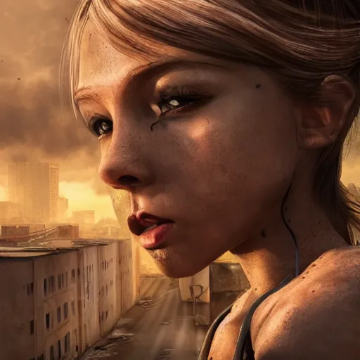 Image similar to pretty face, wide angle lens, photorealistic, 4k, background of destroyed city post apocalyptic, steakpunk, soft lighting, portrait