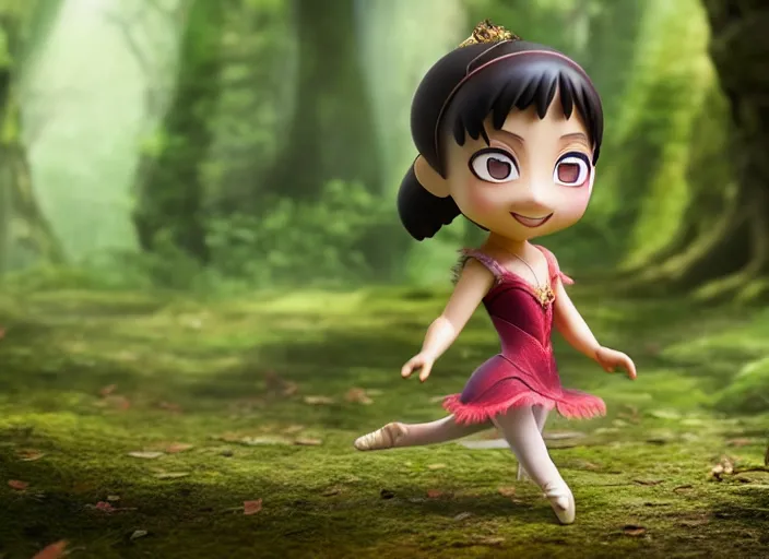 Prompt: chinese prima ballerina as nendoroid walking in a forest in the croods movie style, anime, disney, pixar, 8 k, hd, dof, kodak film, volumetric lighting, subsurface scattering, photorealistic, octane render, details