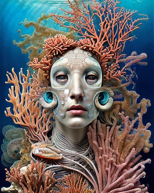 Prompt: hyperrealistic detailed underwater face portrait of the beautiful goddess of the fish skeletons with an intricate headgear of corals, sea kelp, sea plants, fish, starfish, jellyfish, art by ernst haeckel, john william godward, android jones, alphonso mucha, h. r. giger, gothic - cyberpunk, ornamental, beautiful deep colours,