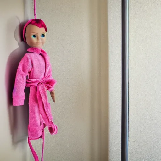 Image similar to a doll hanging, tied to a towel rack in the bathroom with a fabric belt