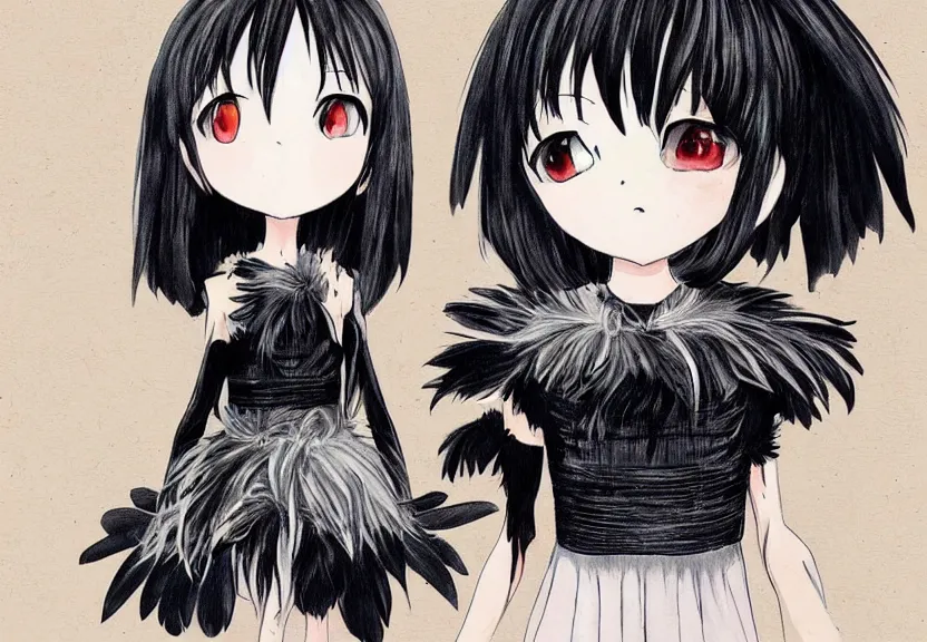 Image similar to little girl with a short white haircut wearing a dress made of black feathers, artwork in the anime style, dark, anatomically perfect