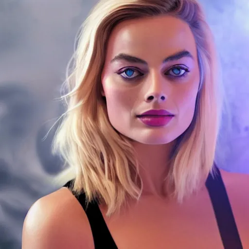 Prompt: Margot Robbie portrait futuristic background